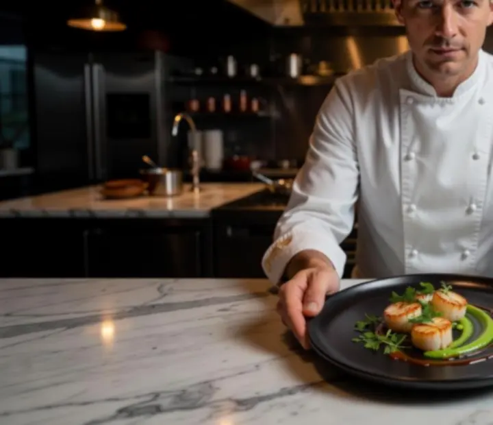 Séf elegáns gourmet fogást tálal egy fine dining étteremben