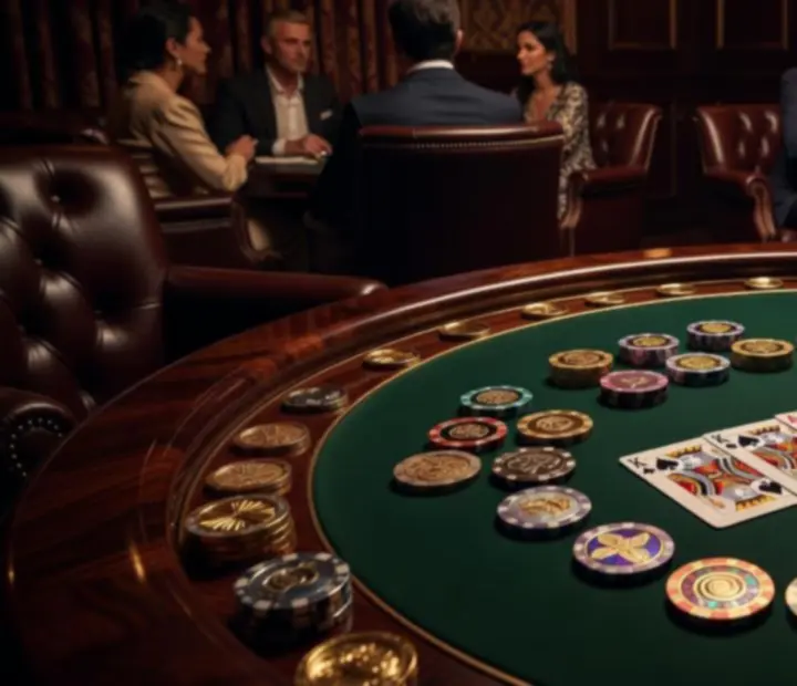Elegáns pokerasztal szimbolikus zsetonokkal és luxus enteriőrrel