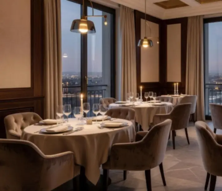 Elegáns magyar fine dining étterem gyertyafényes vacsoraasztalokkal
