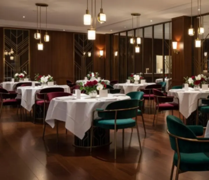 Elegáns fine dining étterem enteriőrje, gyertyafényes asztalokkal