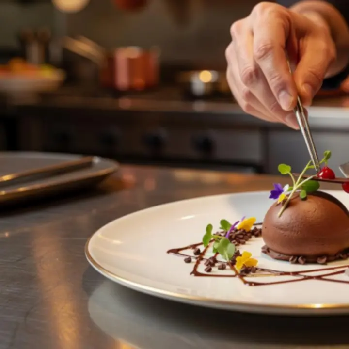 Művészien tálalt kézműves gourmet desszert egy elegáns tányéron