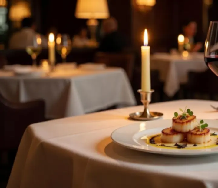 Fine dining tálalás gyertyafényes, elegáns éttermi környezetben