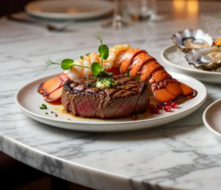 Művészien tálalt gourmet fogások egy elegáns tányéron