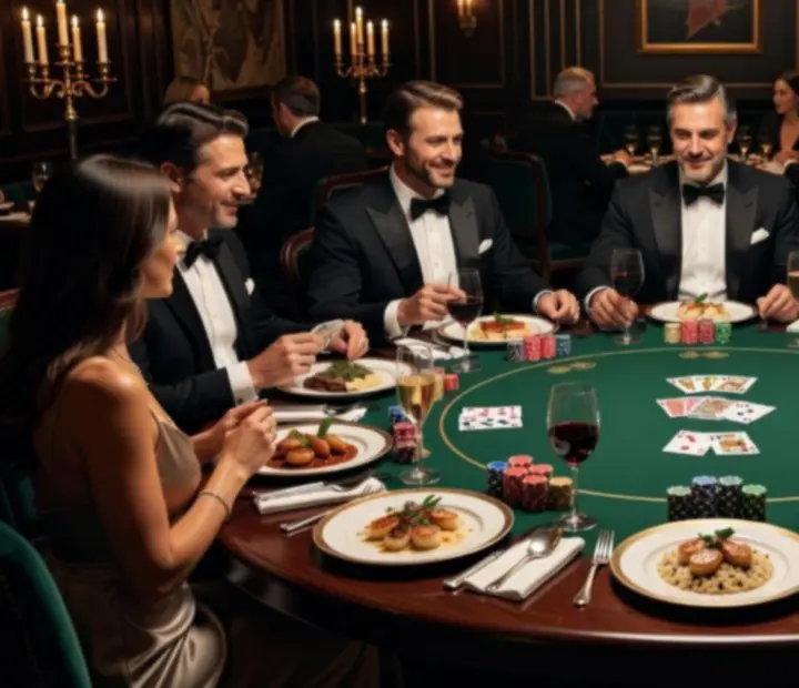 Elegáns, gyertyafényes gourmet asztal és pókerasztal szimbolikus zsetonokkal