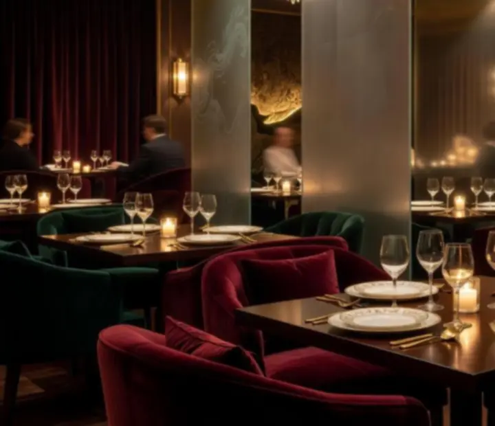 Elegáns, félhomályos VIP Lounge szalon bársonyfotelekkel és gyertyafényes asztalokkal