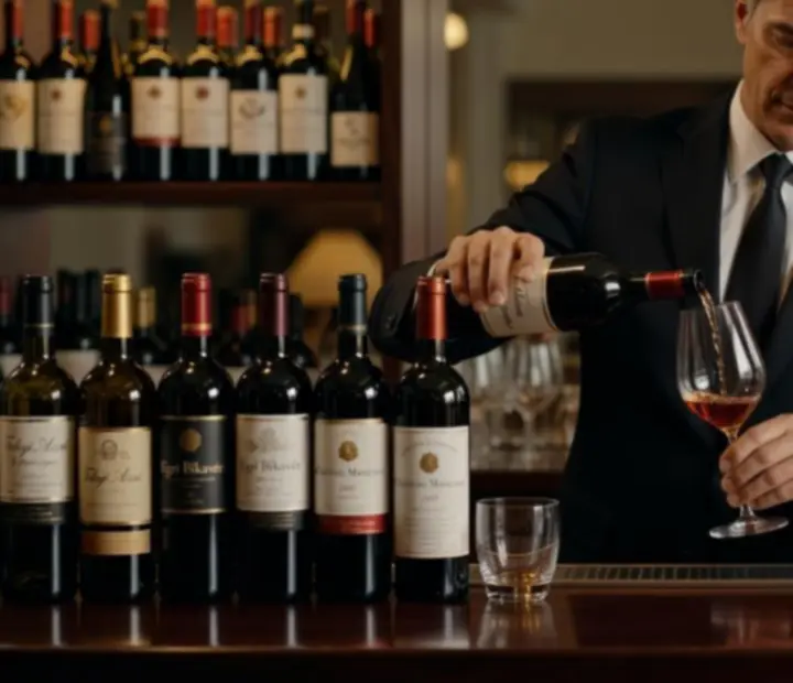 Sommelier válogatott borok és signature koktélok egy elegáns bárpulton